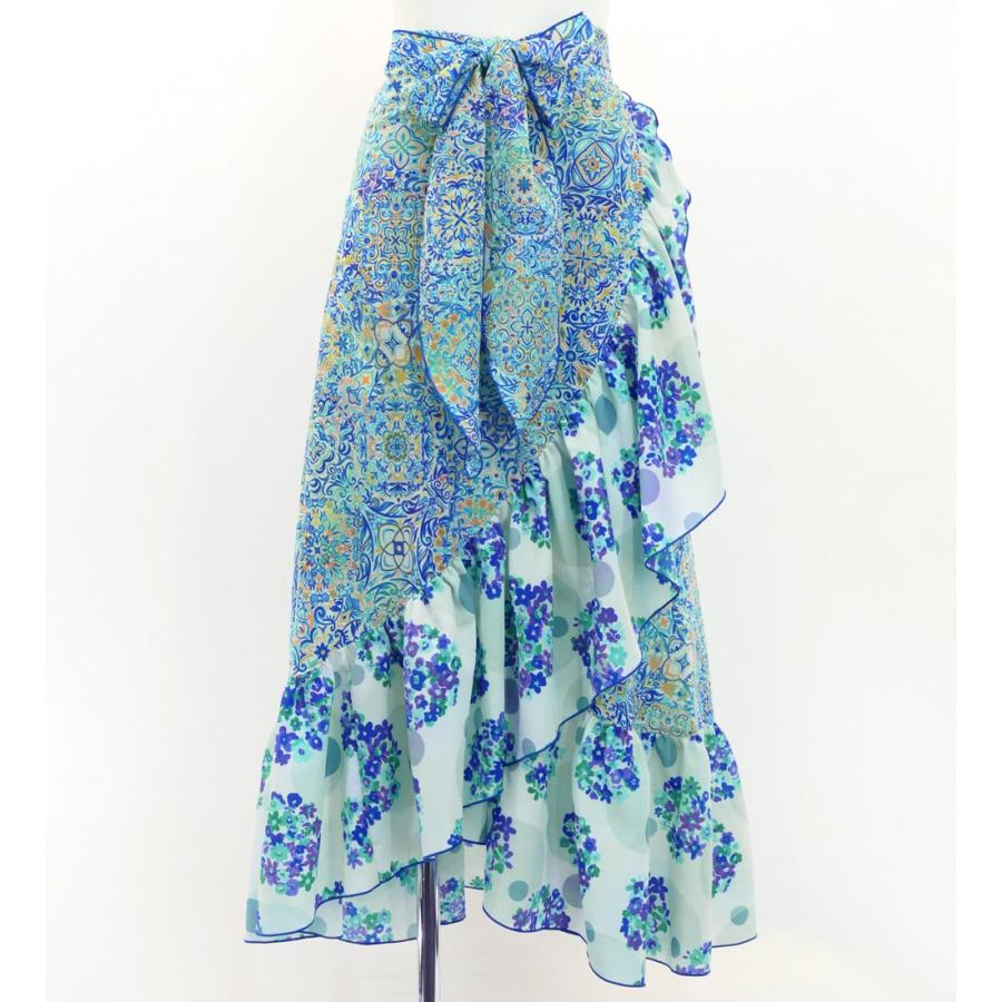 フラメンコ 巻きスカート アラベスク×花柄 ブルー Fサイズ FMS-8