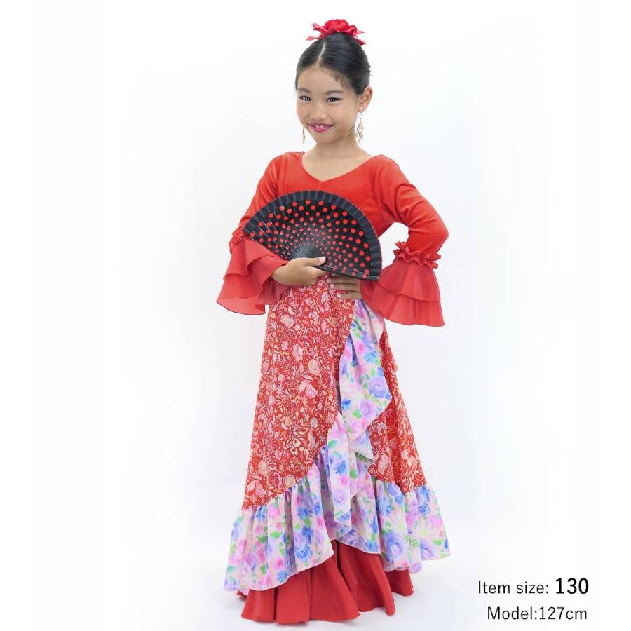 キッズ フラメンコ 巻きスカート ローズペイズリー×水彩風花柄 レッド×ピンク 120・140サイズ FMSp-5 |  | 01