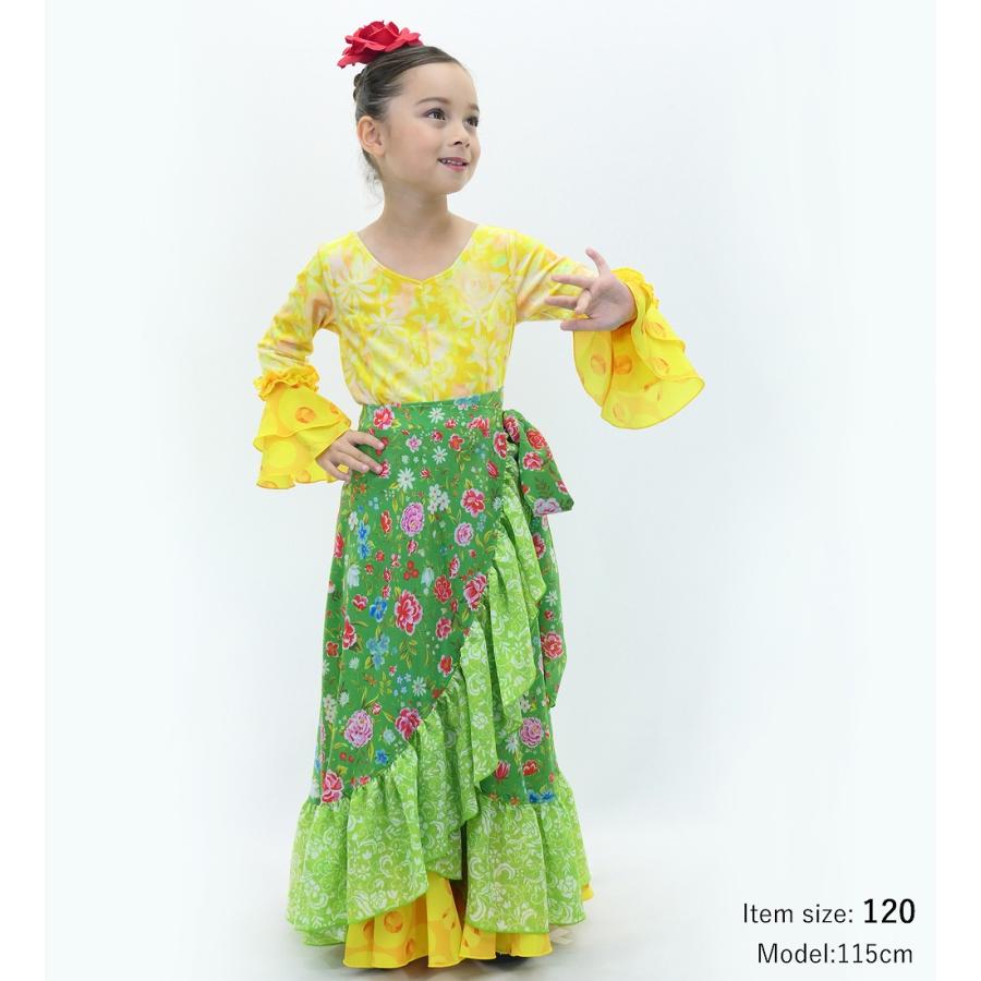 キッズ フラメンコ 巻きスカート 花柄 グリーン×イエローグリーン  120・140サイズ FMSp-8 |  | 01