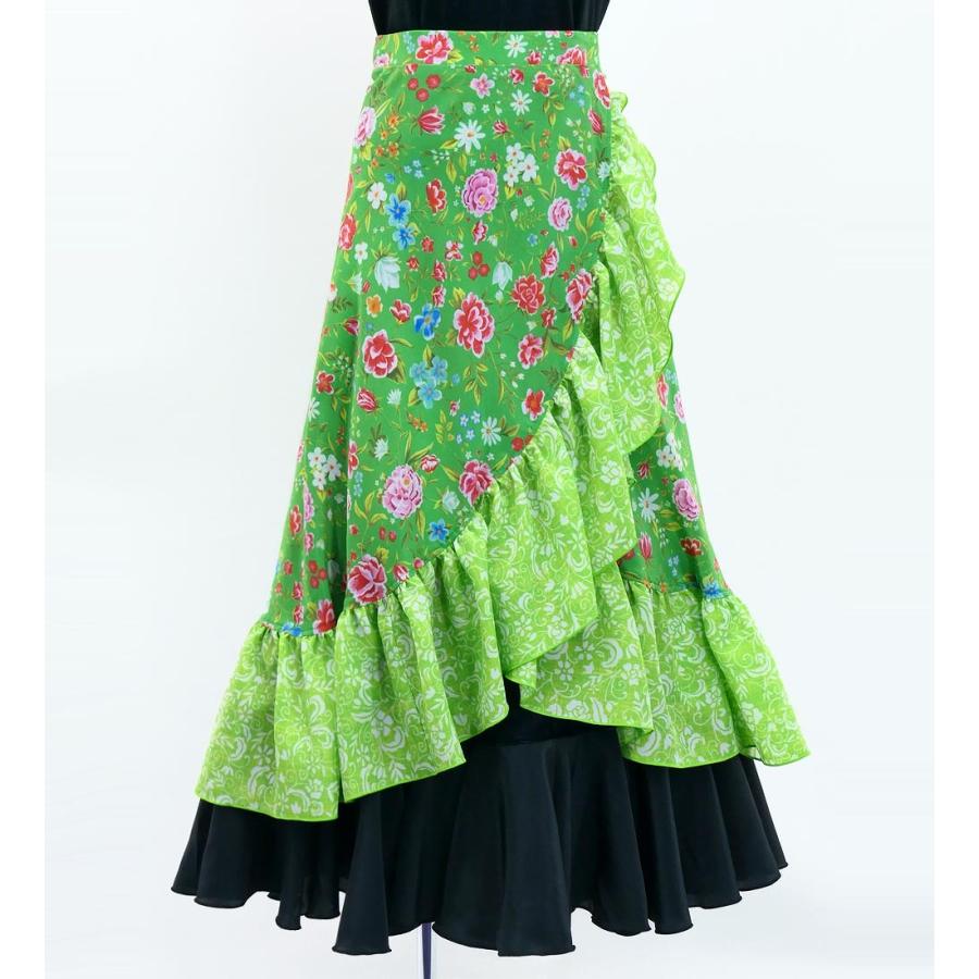 キッズ フラメンコ 巻きスカート 花柄 グリーン×イエローグリーン 120