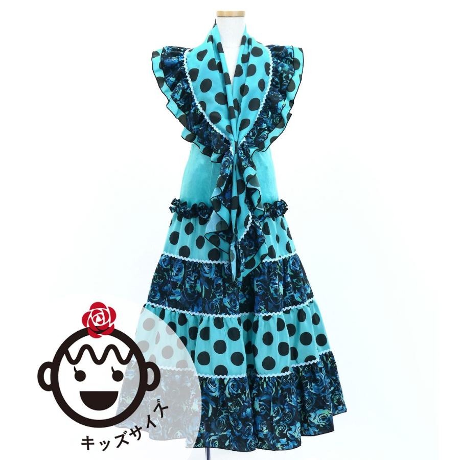 キッズ フラメンコ ピキージョ＆スカートセット 水玉×ローズ ライトブルー×ブラック S-Lサイズ FPSp-3 | 