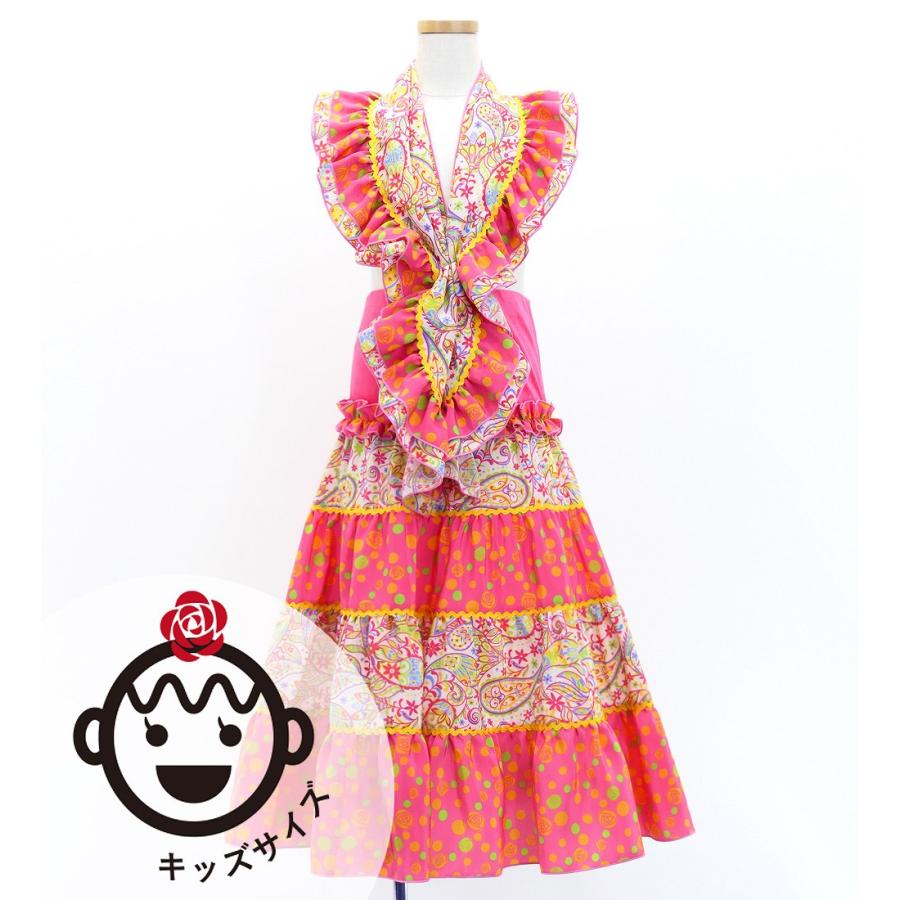 キッズ フラメンコ ピキージョ＆スカートセット ペイズリー×水玉 ピンク×イエロー S-Lサイズ FPSp-8 | 