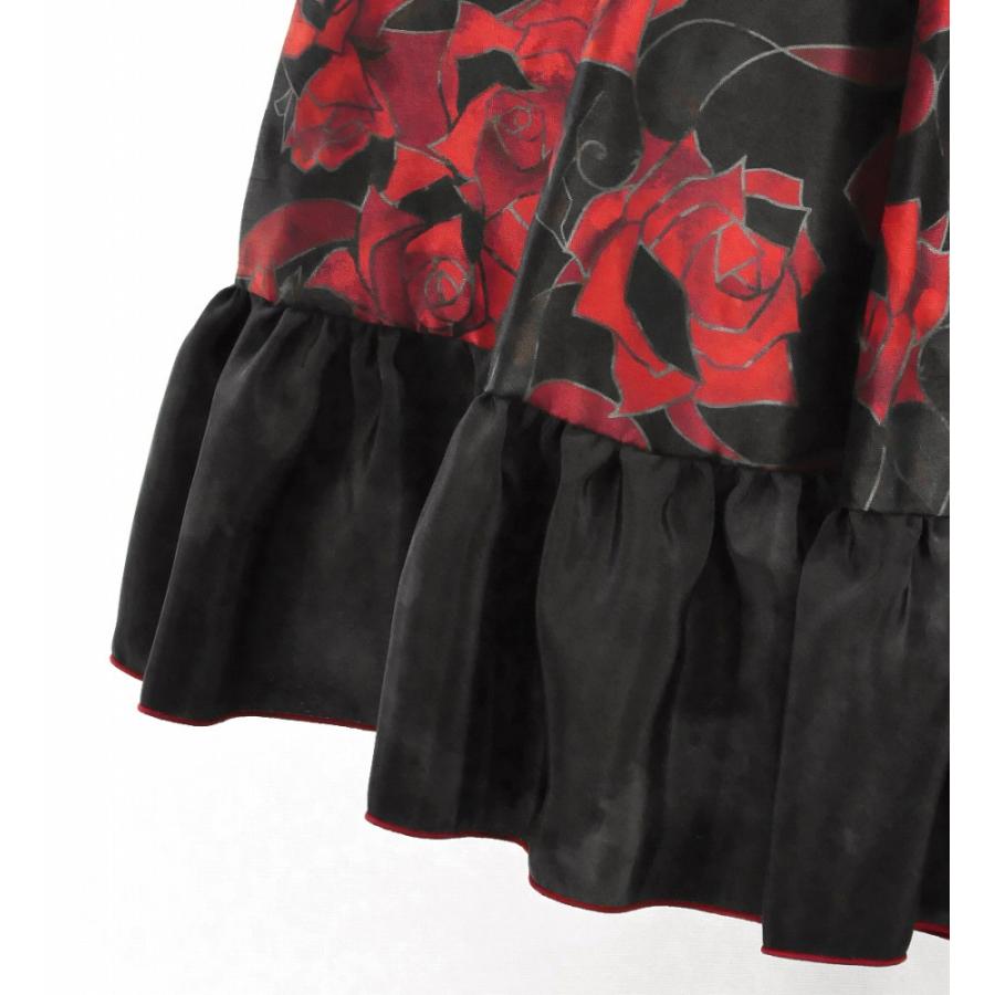 フラメンコ スカート 黒 赤 花柄 フリル フラメンコ フリル ロングサーキュラースカート ローズ レッド