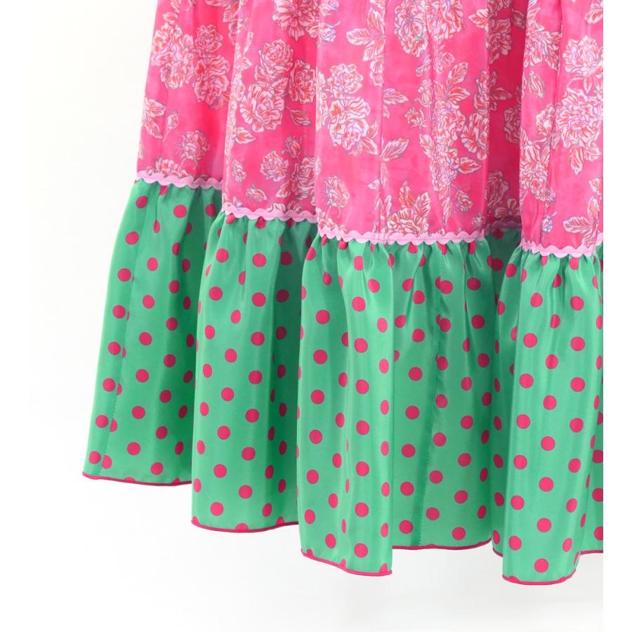 フラメンコ ティアードスカート 水玉×ローズ ターコイズブルー×ピンク