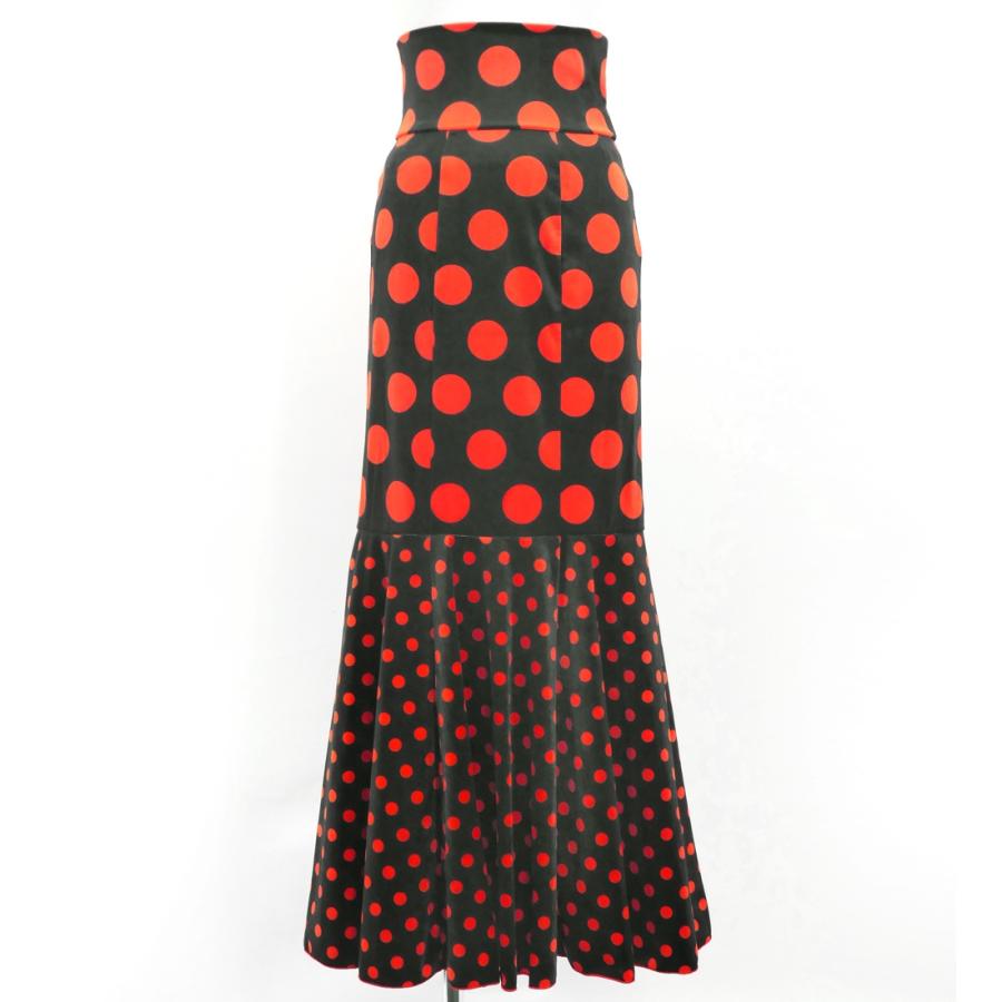 フラメンコスカート フラメンコ フリル ロングサーキュラースカート 水玉 レッド×ブラック