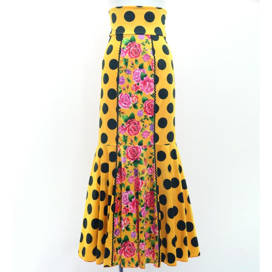 フラメンコ ハイウエストマーメイドスカート 飾りあり 水玉×ローズ イエロー S-LサイズFS-51 | 