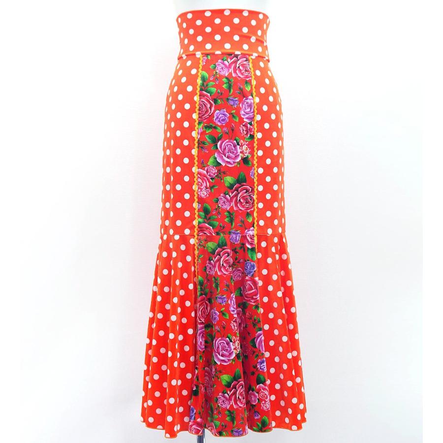 フラメンコ ハイウエストマーメイドスカート 飾りあり 水玉×ローズ オレンジ S-Lサイズ FS-55 | 