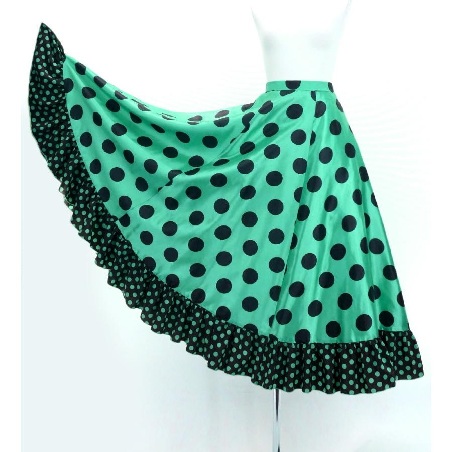 フラメンコ フリル ロングサーキュラースカート 水玉 ターコイズ
