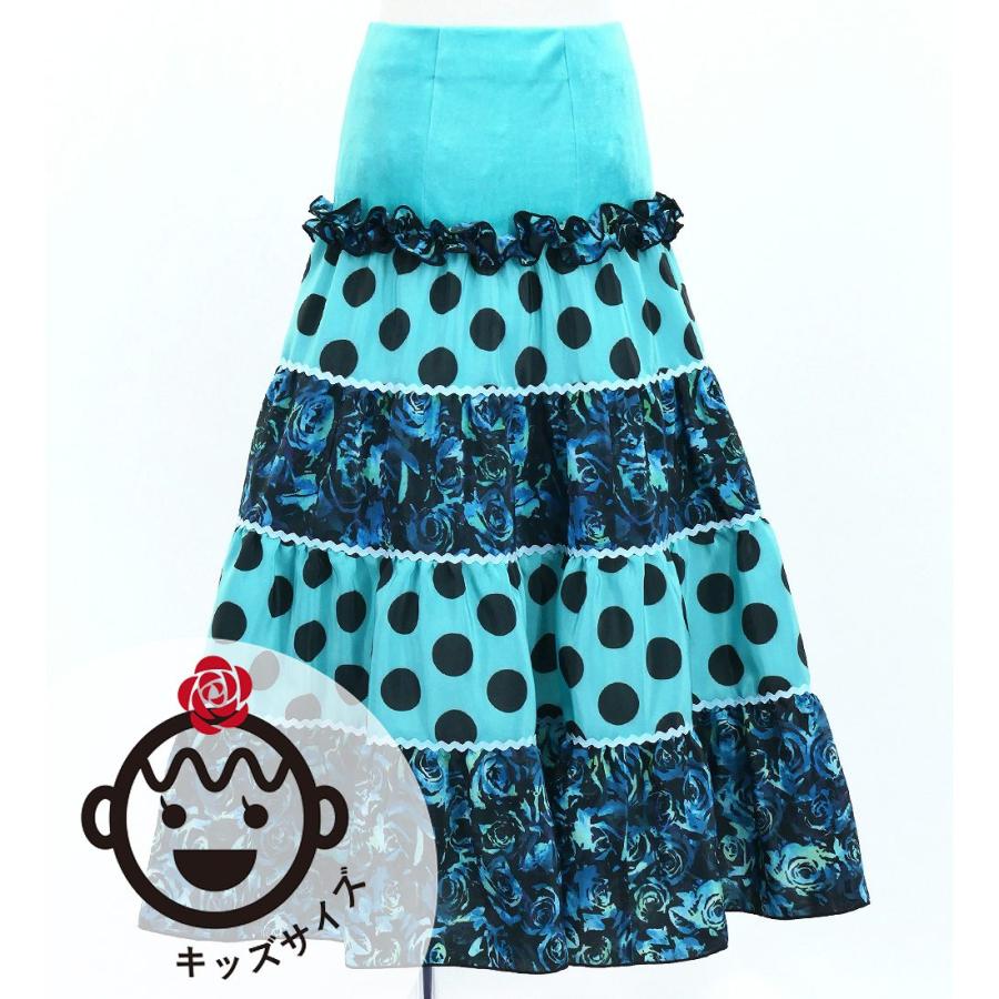 キッズ フラメンコ ティアードスカート 水玉×ローズ ライトブルー×ブラック 120・140サイズ FSp-11 | 