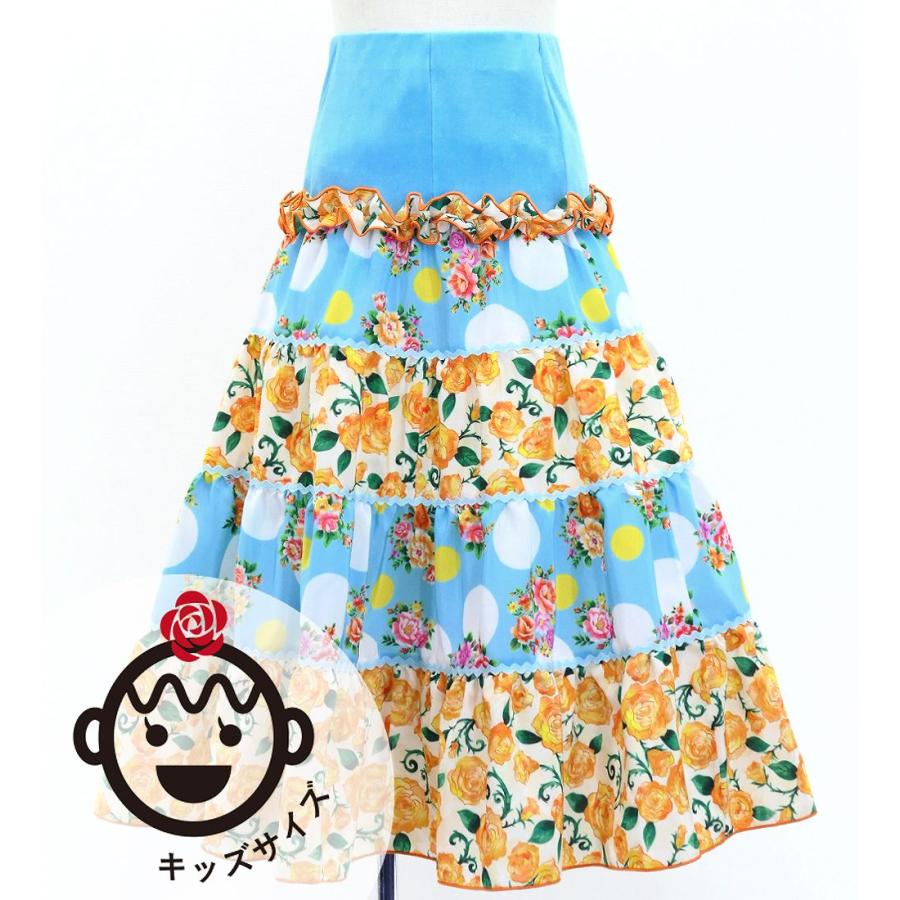 キッズ フラメンコ ティアードスカート ブーケ×水玉 ライトブルー×オレンジ 120・140サイズ FSp-13 | 