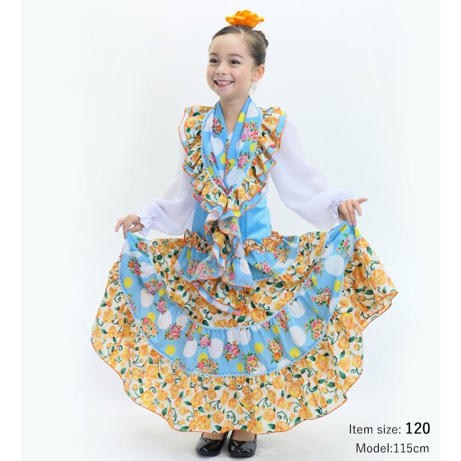 キッズ フラメンコ ティアードスカート ブーケ×水玉 ライトブルー×オレンジ 120・140サイズ FSp-13 |  | 01