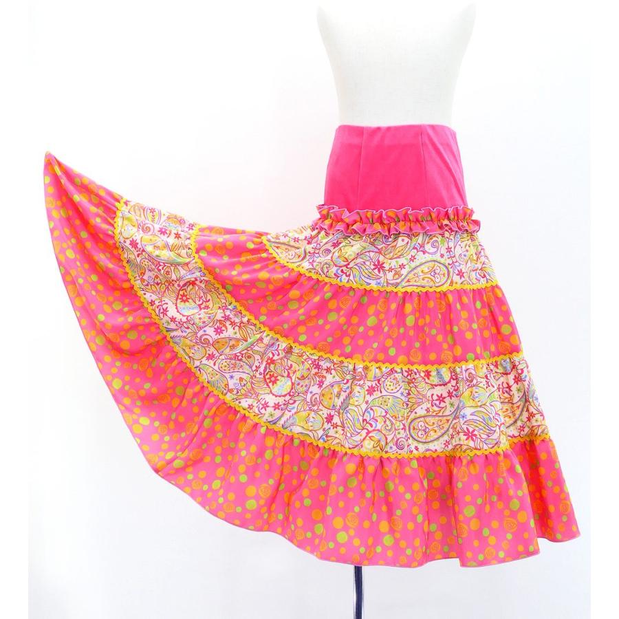 キッズ フラメンコ ティアードスカート ペイズリー×水玉 ピンク×イエロー 120・140サイズ FSp-16 |  | 03