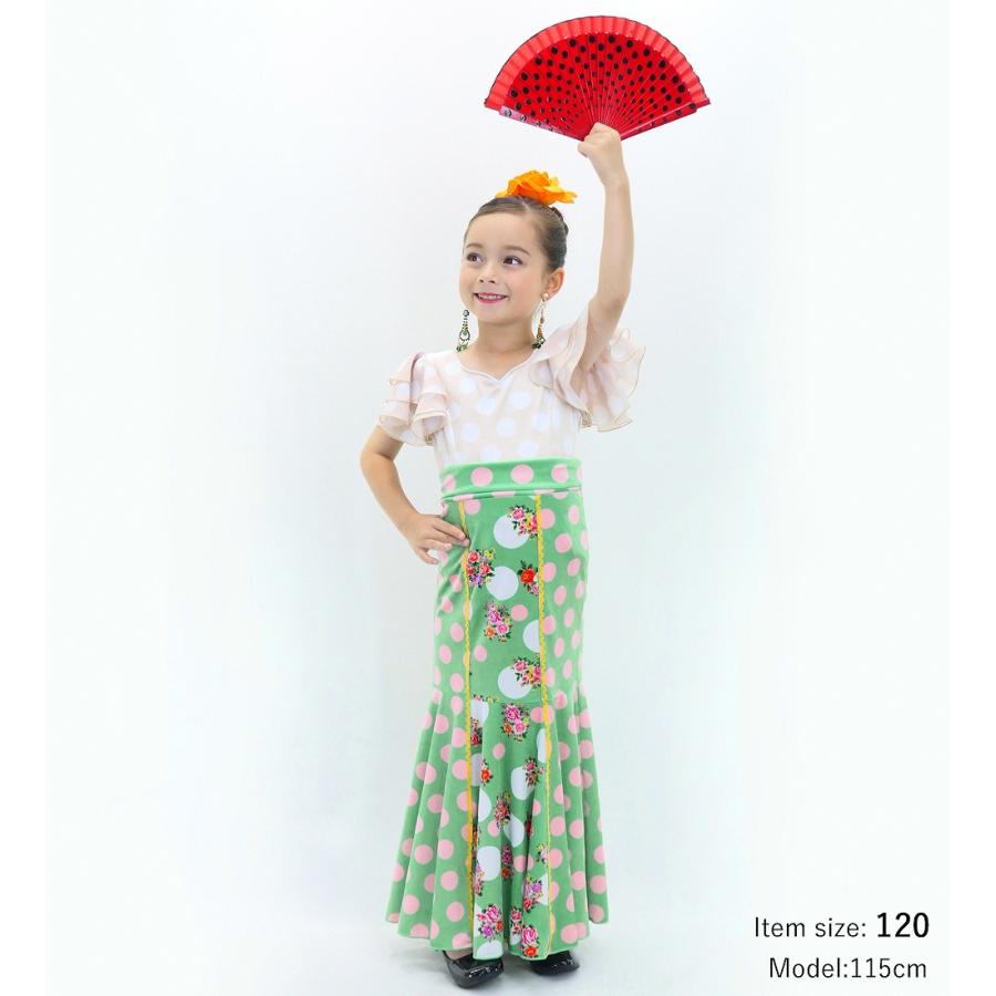 キッズ フラメンコ ハイウエストマーメイドスカート 飾りあり ブーケ×水玉 ターコイズブルー 120・140サイズ FSp-19 |  | 01