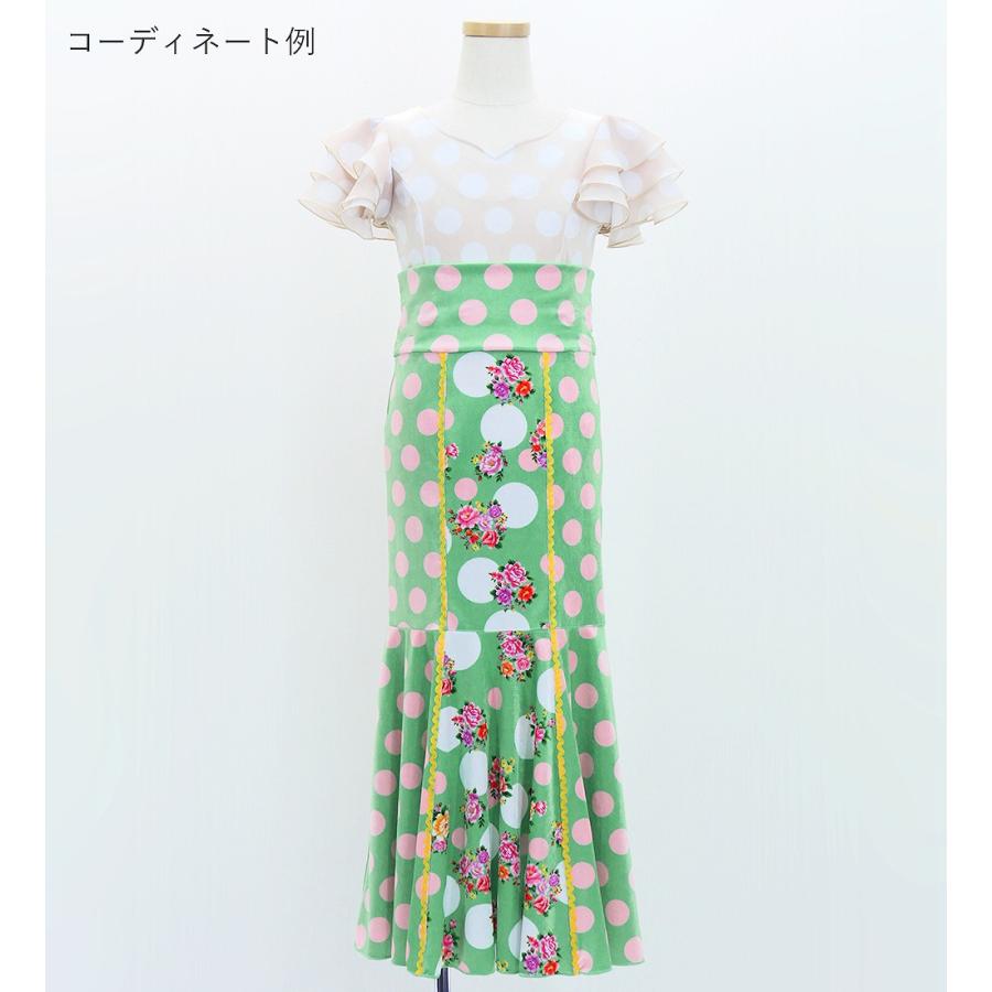 キッズ フラメンコ ハイウエストマーメイドスカート 飾りあり ブーケ×水玉 ターコイズブルー 120・140サイズ FSp-19 |  | 06