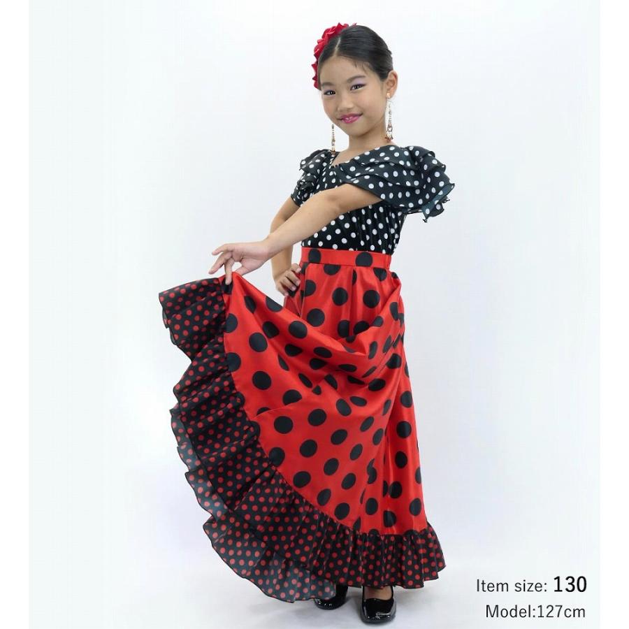 キッズ フラメンコ フリル ロングサーキュラースカート 水玉 レッド×ブラック 120・140サイズ FSp-1 |  | 01