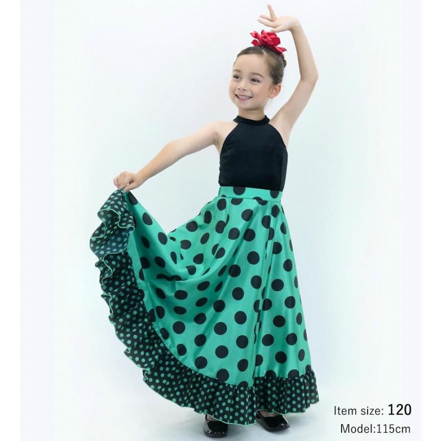 キッズ フラメンコ フリル ロングサーキュラースカート 水玉 ターコイズブルー×ブラック 120・140サイズ FSp-3 |  | 01