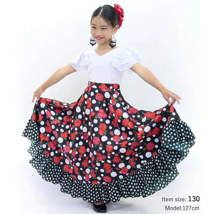 キッズ フラメンコ フリル ロングサーキュラースカート ローズ×水玉 ブラック×レッド 120・140サイズ FSp-6 |  | 01