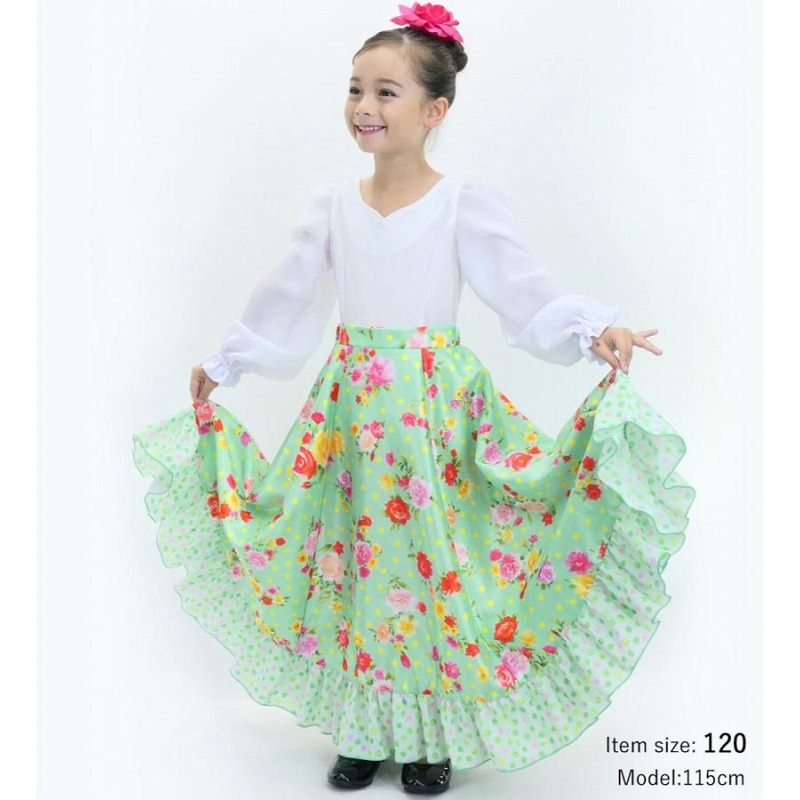 キッズ フラメンコ フリル ロングサーキュラースカート ローズ＆カーネーション ライトグリーン 120・140サイズ FSp-8 |  | 01