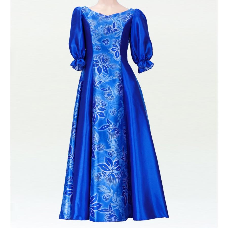 フラダンス [S-LLサイズ] ムームー ロング丈 シャンタン袖口ドレス ブルー  J2338bl |  | 03