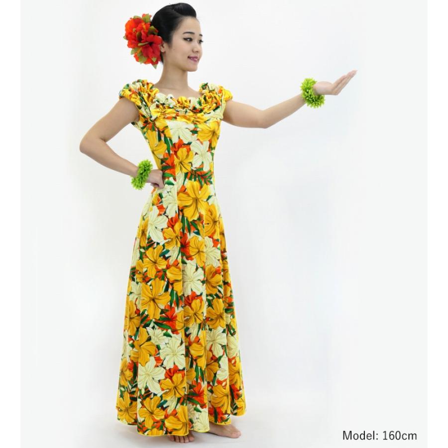 フラ#hula#セット#衣装#ドレス+パニエ#花柄#イエロー#レッド#ホワイト フラドレス［S・M・Lサイズ］オフ・オンショルダー ロング丈