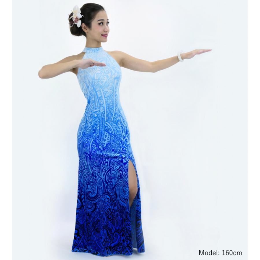 【美品】フラダンス　ブルー　ロングドレス　S〜Mサイズ フラドレス [S・M・Lサイズ] アメリカンスリーブ スリット ロング