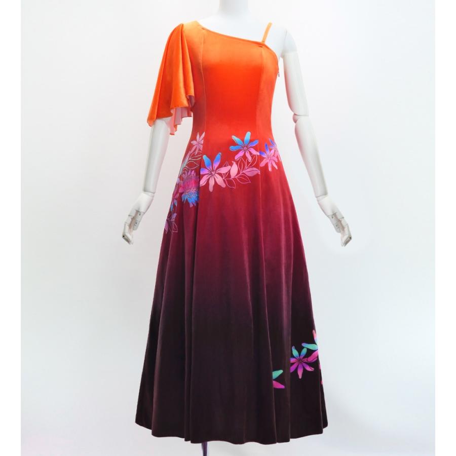 フラドレス [S・M・Lサイズ] ワンショルダー フリルスリーブ ロング丈 プロテア＆ティアレ オレンジ×ブラウン J3102orbr | 