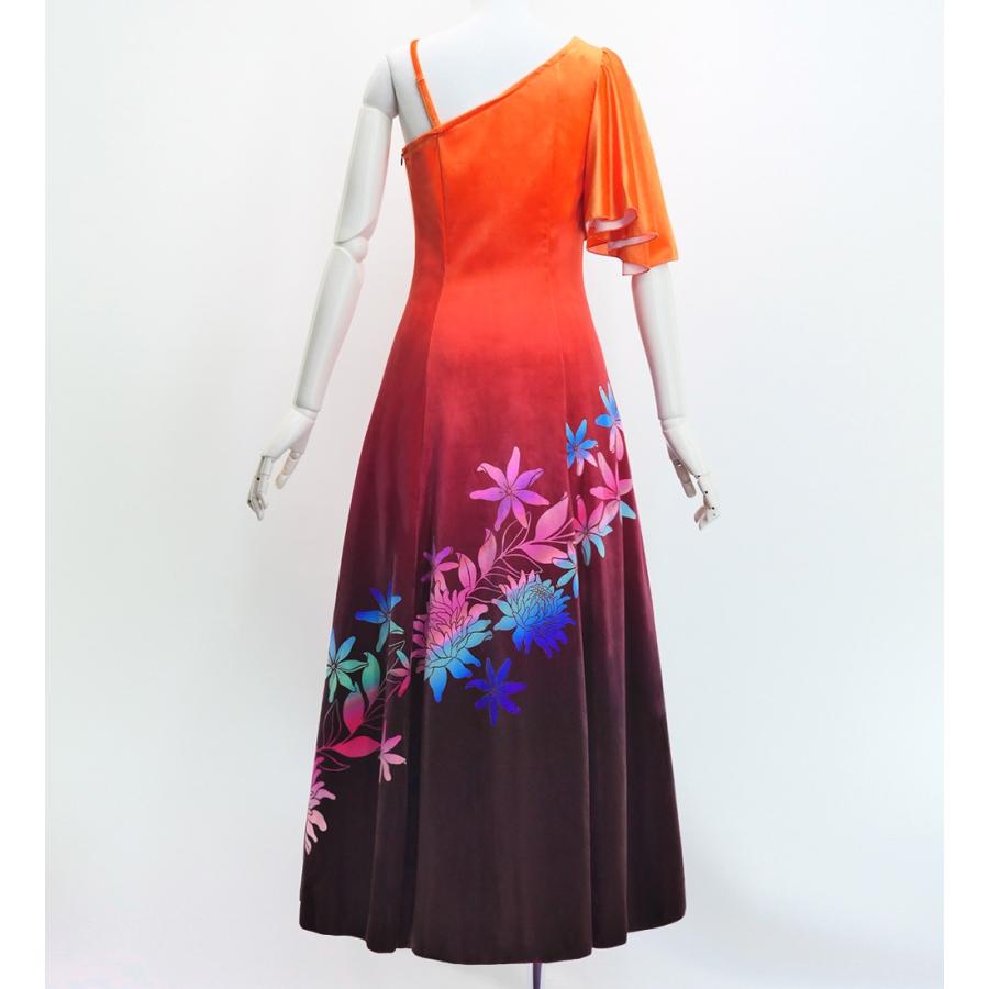 フラドレス [S・M・Lサイズ] ワンショルダー フリルスリーブ ロング丈 プロテア＆ティアレ オレンジ×ブラウン J3102orbr |  | 02