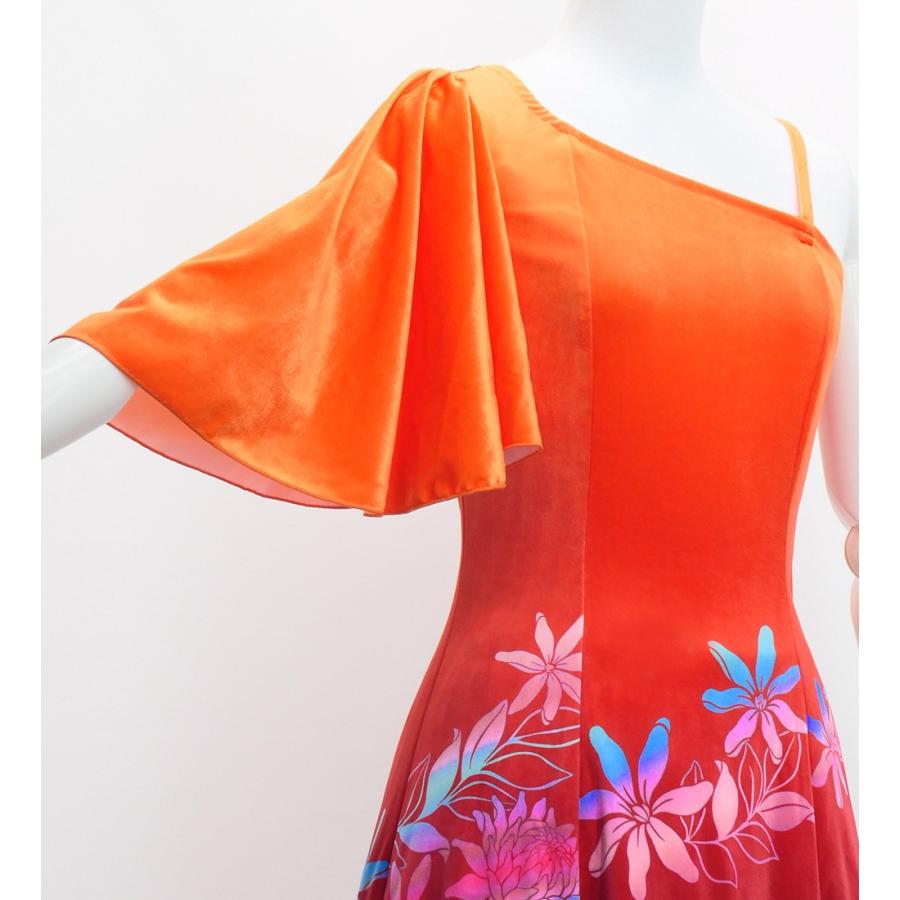 フラドレス [S・M・Lサイズ] ワンショルダー フリルスリーブ ロング丈 プロテア＆ティアレ オレンジ×ブラウン J3102orbr |  | 03