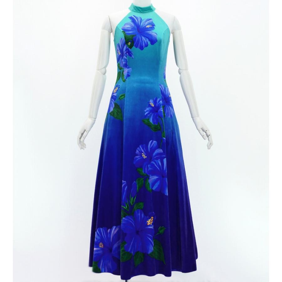 フラドレス [S・M・Lサイズ] ベロア アメリカンスリーブ ロング丈 ハイビスカス ブルー×ネイビー J3151blnv | 