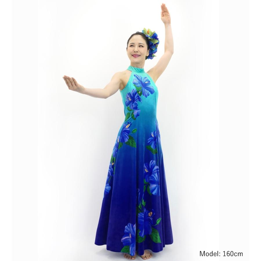 フラドレス [S・M・Lサイズ] ベロア アメリカンスリーブ ロング丈 ハイビスカス ブルー×ネイビー J3151blnv |  | 01