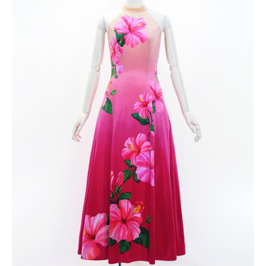 フラドレス [S・M・Lサイズ] ベロア アメリカンスリーブ ロング丈 ハイビスカス クリーム×ピンク J3151crpi | 