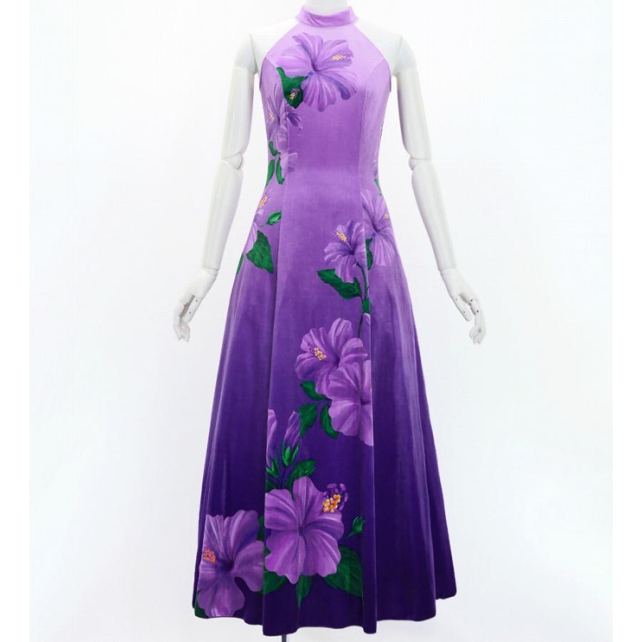 フラドレス [S・M・Lサイズ] ベロア アメリカンスリーブ ロング丈 ハイビスカス ラベンダー×パープル J3151lvpu | 