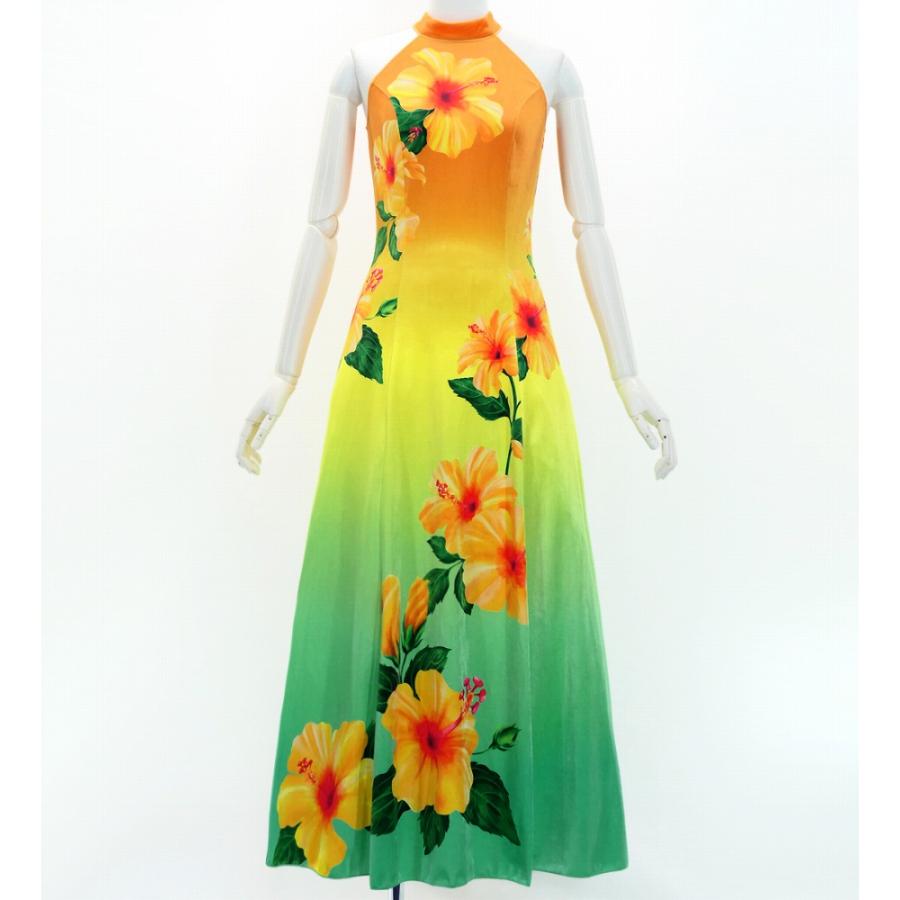 フラドレス [S・M・Lサイズ] ベロア アメリカンスリーブ ロング丈 ハイビスカス オレンジ×アクア J3151oraq | 