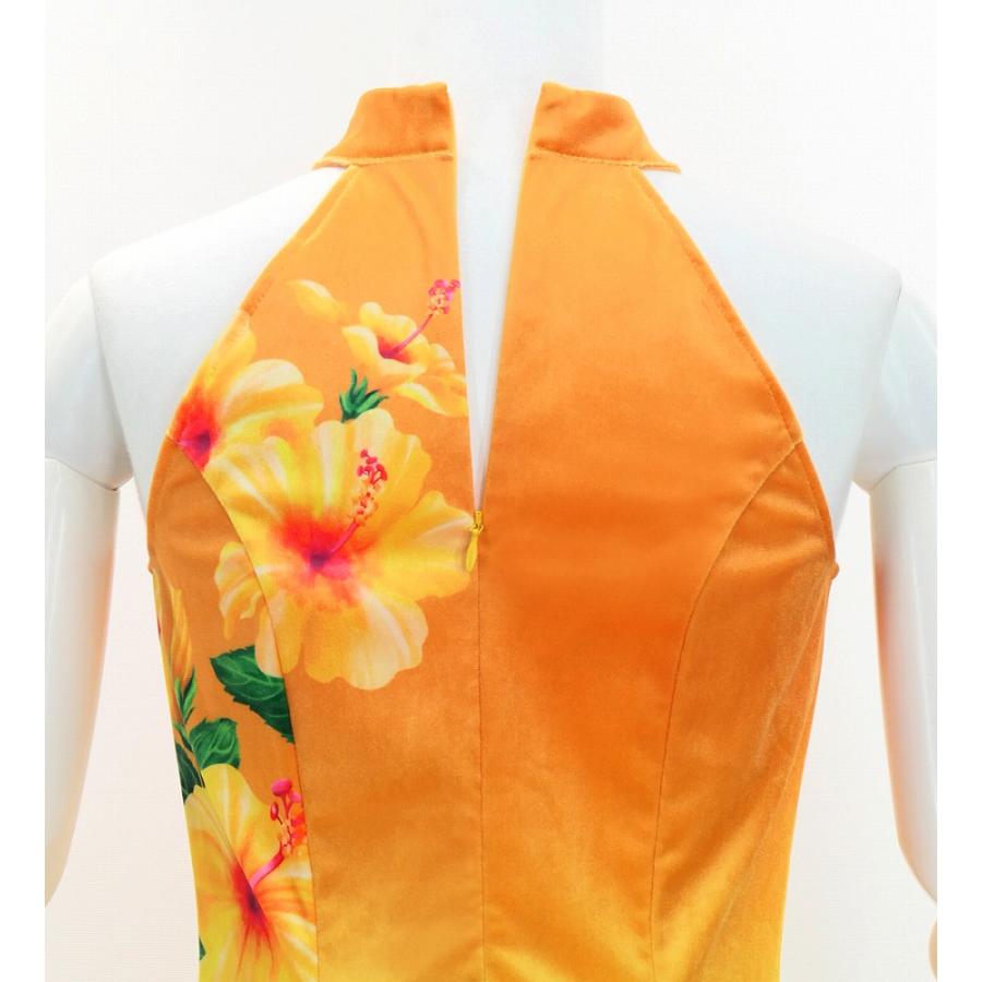 フラドレス [S・M・Lサイズ] ベロア アメリカンスリーブ ロング丈 ハイビスカス オレンジ×アクア J3151oraq |  | 04