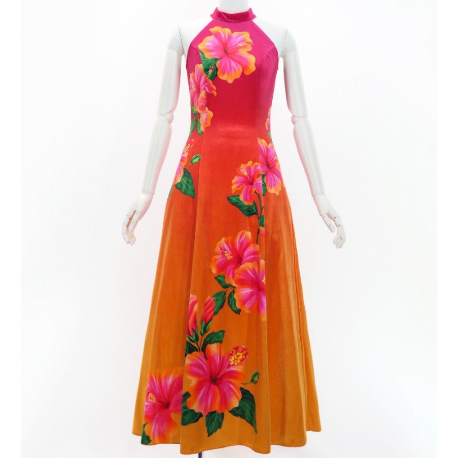 フラドレス [S・M・Lサイズ] ベロア アメリカンスリーブ ロング丈 ハイビスカス ピンク×オレンジ J3151pior | 