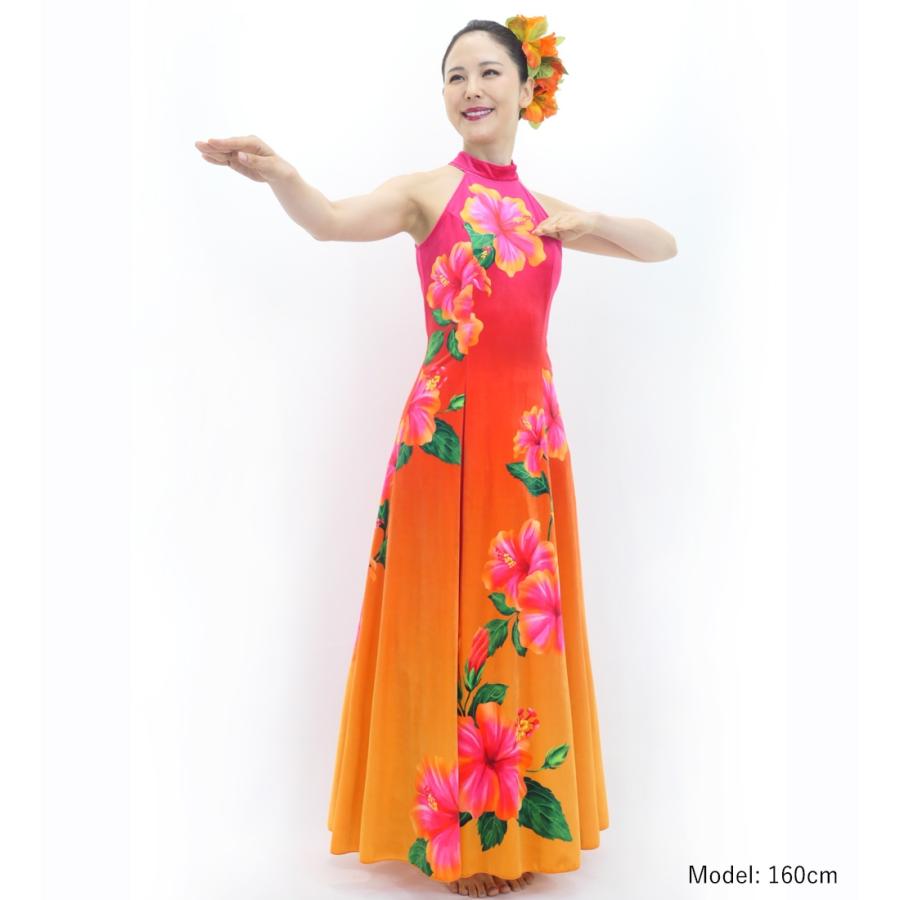 フラドレス [S・M・Lサイズ] ベロア アメリカンスリーブ ロング丈 ハイビスカス ピンク×オレンジ J3151pior |  | 01