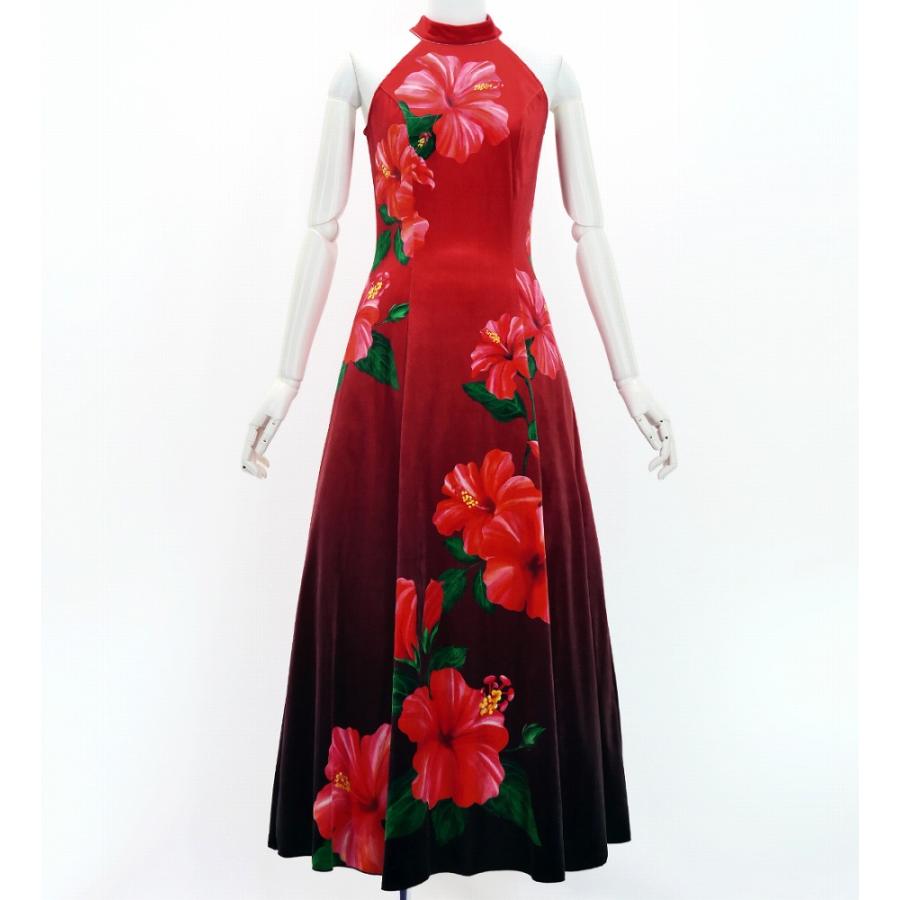 フラドレス [S・M・Lサイズ] ベロア アメリカンスリーブ ロング丈 ハイビスカス レッド×ブラック J3151rdbk | 