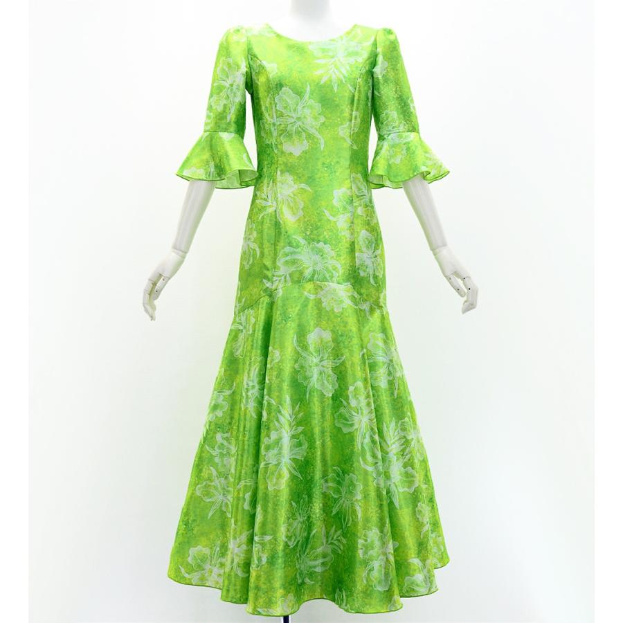 フラダンス [S・M・Lサイズ] フリル袖 シャンタンドレス オーキッド グリーン J3153gr | 