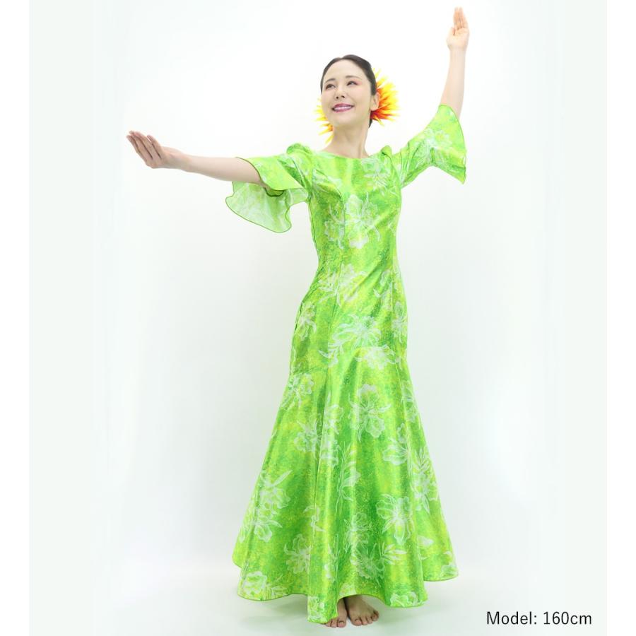 フラダンス [S・M・Lサイズ] フリル袖 シャンタンドレス オーキッド グリーン J3153gr |  | 01