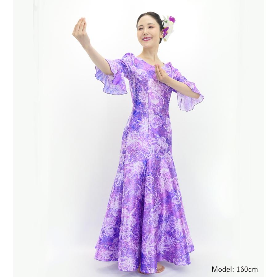 フラダンス [S・M・Lサイズ] フリル袖 シャンタンドレス オーキッド