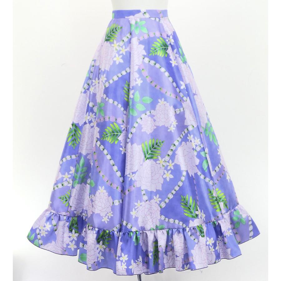 フラダンス [S・M・Lサイズ] フリル ロングサーキュラースカート シャンタン ロケラニ柄 パープル J3183 | 