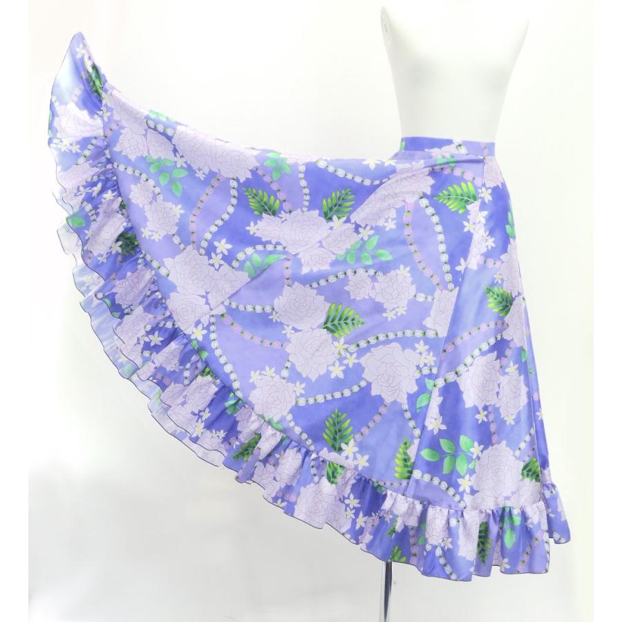 フラダンス [S・M・Lサイズ] フリル ロングサーキュラースカート シャンタン ロケラニ柄 パープル J3183 |  | 01