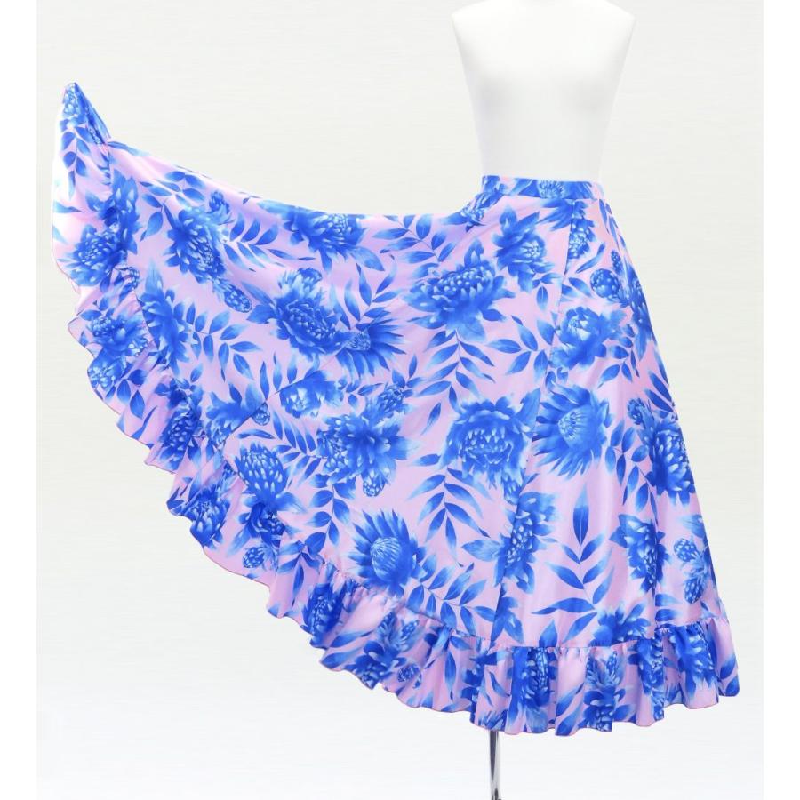 フラダンス [S・M・Lサイズ] フリル ロングサーキュラースカート シャンタン プロテア柄 ピンク×ブルー J3184 |  | 01