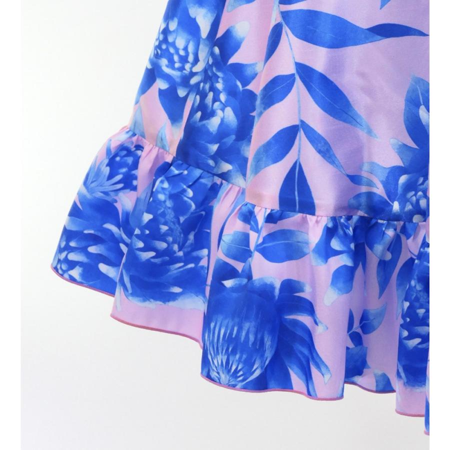 フラダンス [S・M・Lサイズ] フリル ロングサーキュラースカート シャンタン プロテア柄 ピンク×ブルー J3184 |  | 04