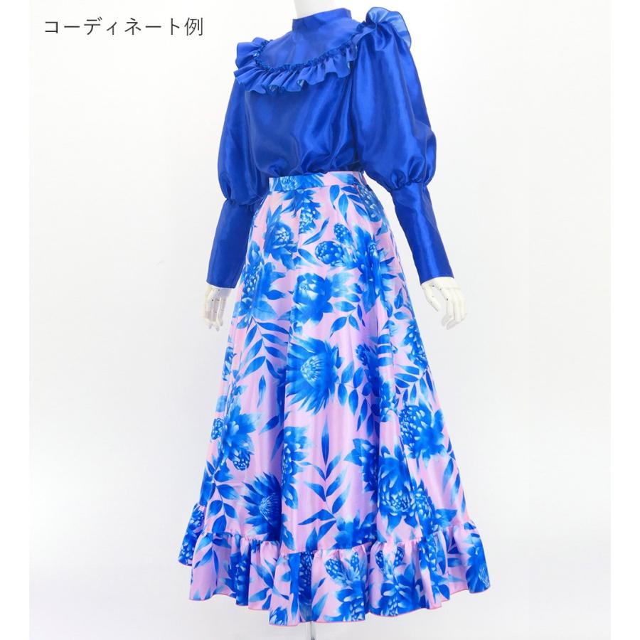 フラダンス [S・M・Lサイズ] フリル ロングサーキュラースカート シャンタン プロテア柄 ピンク×ブルー J3184 |  | 05