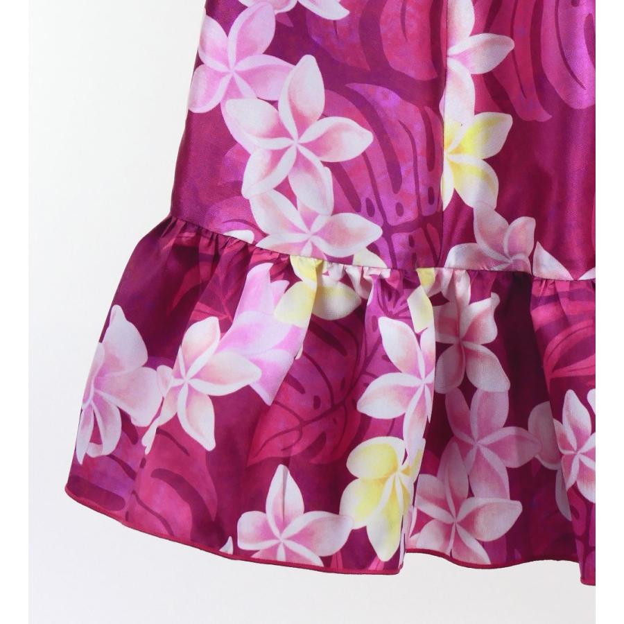 フラダンス [S・M・Lサイズ] フリル ロングサーキュラースカート シャンタン プルメリアレイ柄 レッドパープル J3186 |  | 04