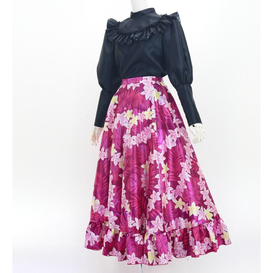 フラダンス [S・M・Lサイズ] フリル ロングサーキュラースカート シャンタン プルメリアレイ柄 レッドパープル J3186 |  | 05