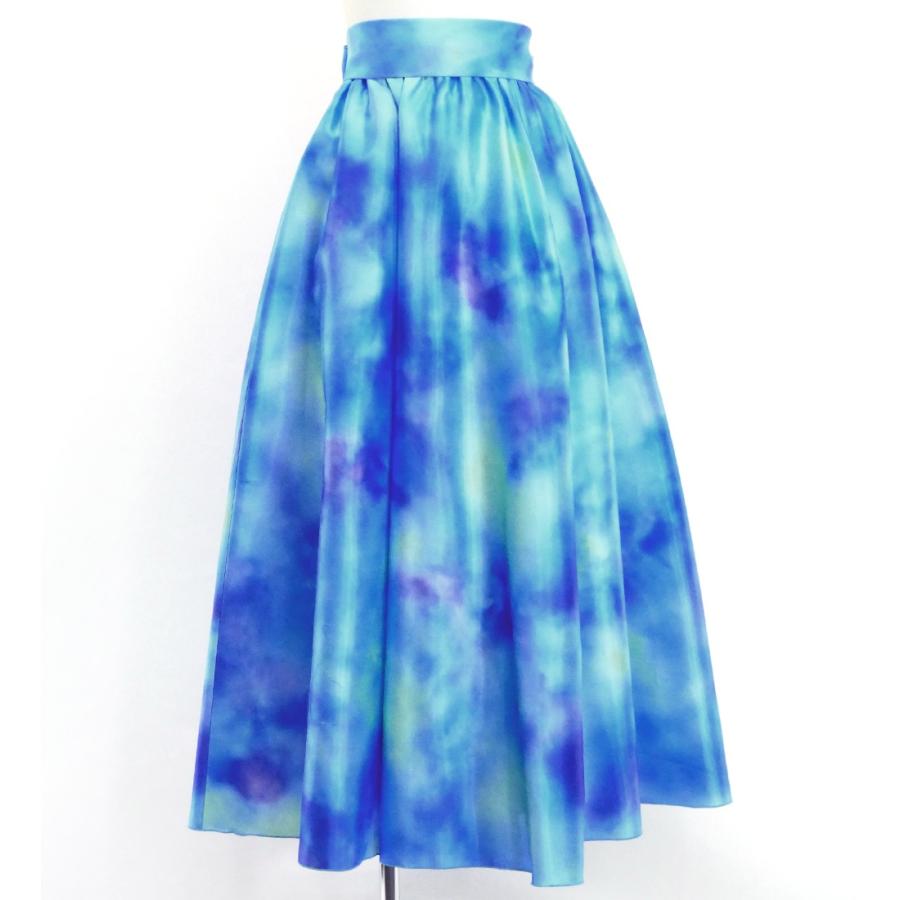 フラダンス [Fサイズ] ロングサーキュラースカート リボン付き シャンタン 水彩風 スカイブルー J3201-2 | 