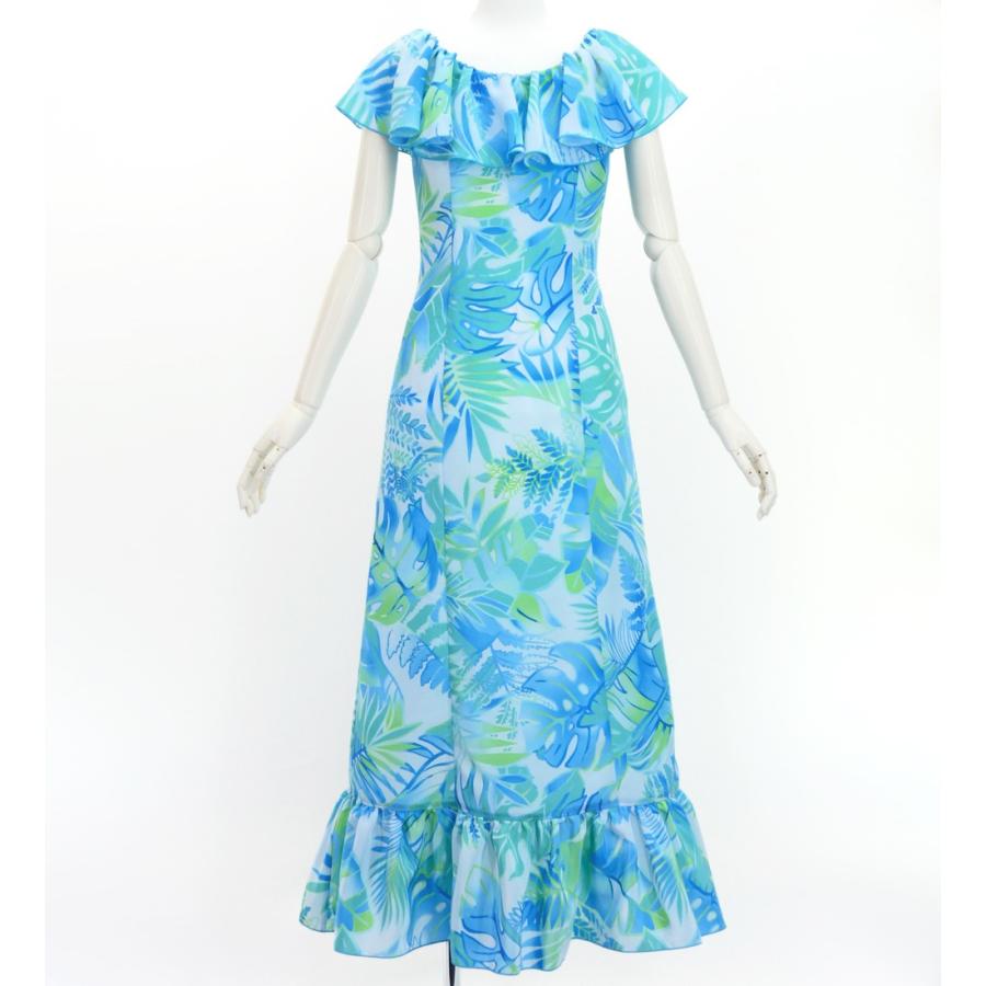 フラドレス [S・M・Lサイズ] ロング丈 コシボドレス ハワイアンリーフ スカイブルー J3205sbl | 
