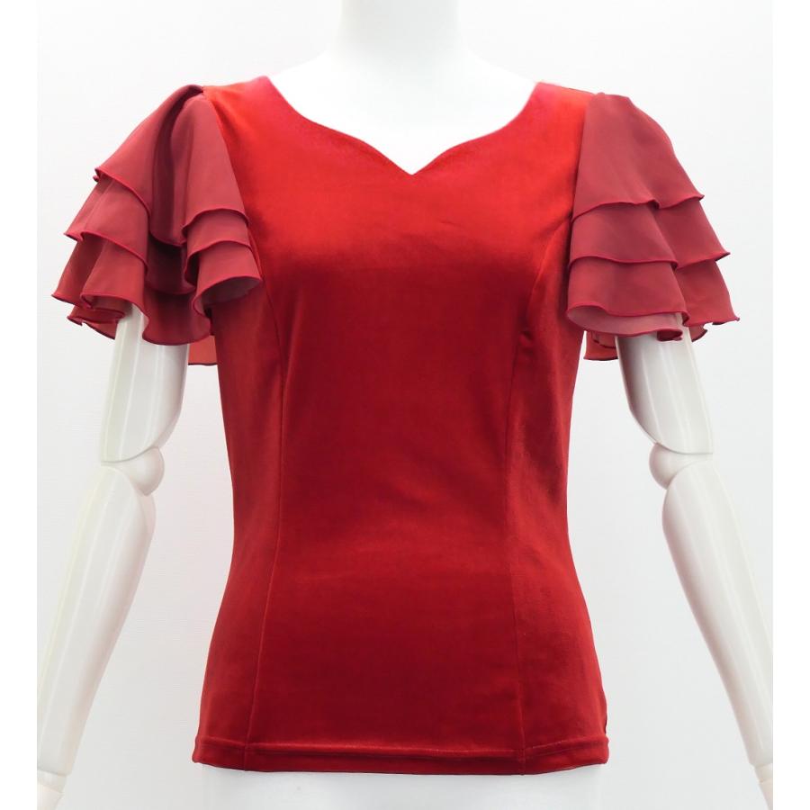 フラメンコ 選べる襟ぐり 3段フリルスリーブ ブラウス ダークレッド2 S-Lサイズ J3229drd2 | 
